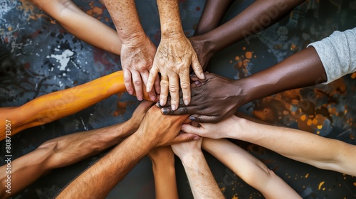 A group of diverse hands of different colors and ethnicities come together in unity.