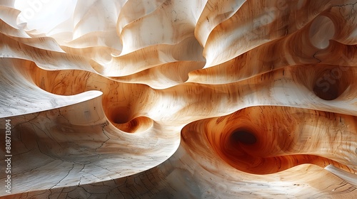 A conceptual art piece where wood grain patterns are transformed into a flowing, organic landscape, interpreting the wood’s natural lines as geographical features in a surreal setting. photo