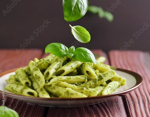 Close-up of a penne pasta dish with Genovese pesto and basil leaves falling from above. photo