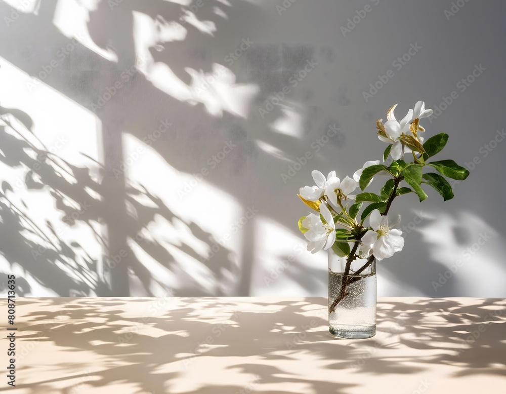 Fototapeta premium Glass with a flower sprig. In the background a light wall with the silhouttes shadows of a window and tree branches.