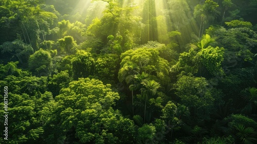 Sun rays piercing through the dense canopy of a lush  green tropical rainforest  highlighting its vibrant beauty.