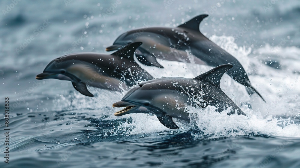 Obraz premium family of playful dolphins leaping out of the water