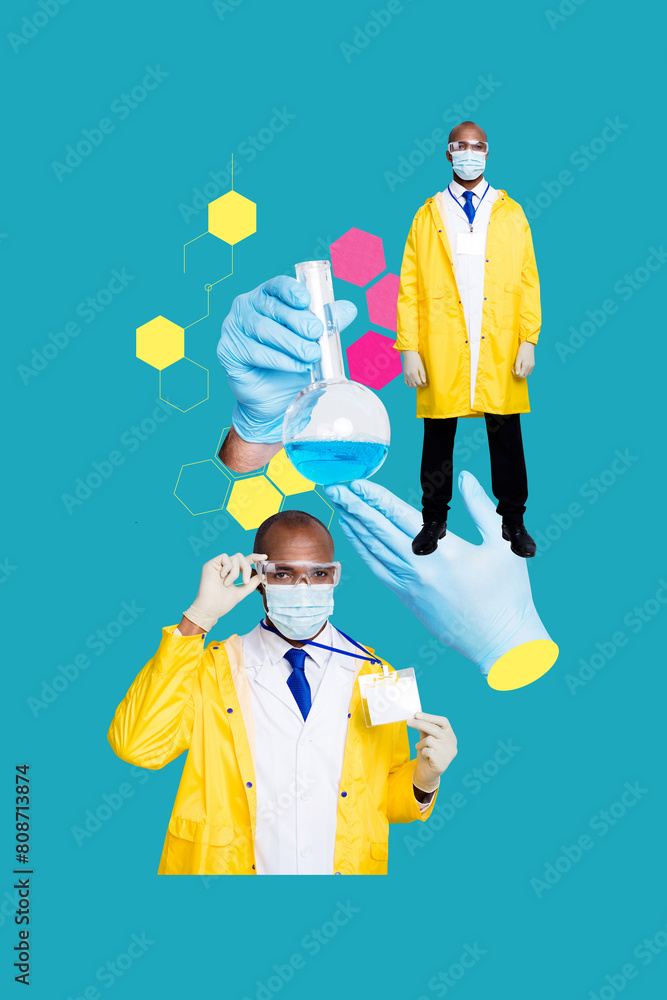 Vertical photo collage of serious american man lab create covid prevention vaccine pandemic treatment isolated on painted background Vertical photo collage of serious american man lab create covid prevention vaccine pandemic treatment isolated on painted background