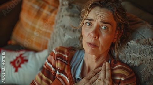 Close-up of a woman looking at the camera with wide eyes and a fearful expression on her face.