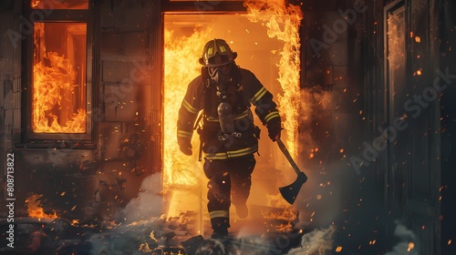 Firefighter in action, fighting a fire in a burnt house, Generative AI illustrations. © jbstocks