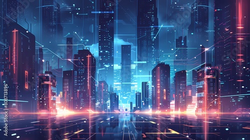 Futuristic city with glowing neon lights, Abstract background, Generative AI illustrations. © jbstocks