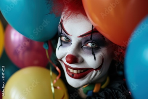 Close-up of a menacing clown with a vivid makeup, surrounded by a multitude of vibrant balloons © anatolir