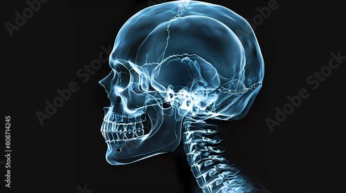 X-Ray image of human skull over dark background, Generative AI illustrations. photo