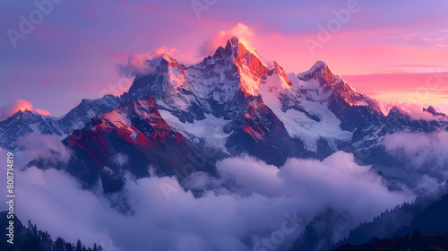 A photo featuring a snow-capped mountain range at dusk. Highlighting the alpenglow on the peaks  while surrounded by a colorful sky