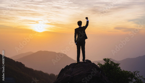 silhouette of a businessman in a suit standing on a high mountain peak with one hand raised. 