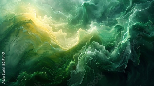 A digital artwork that interprets the motion of algae in water as fluid, swirling brushstrokes, blending various shades of green against a watery backdrop, evoking a sense of movement and growth. photo