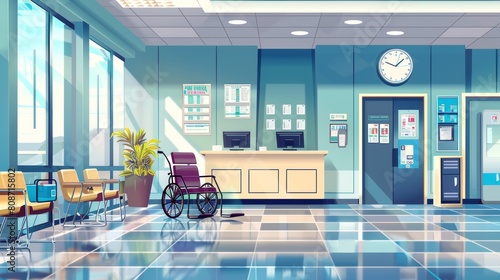 Interior of a hospital lobby with computers on reception desks, wheelchairs for patients, electronic queue displays on walls, and medical file folders. photo
