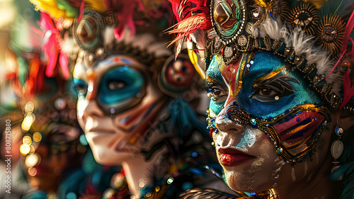 close up of a carnival mask, close up of a carnival scene in the brazil, face with carnival mask, colored faces