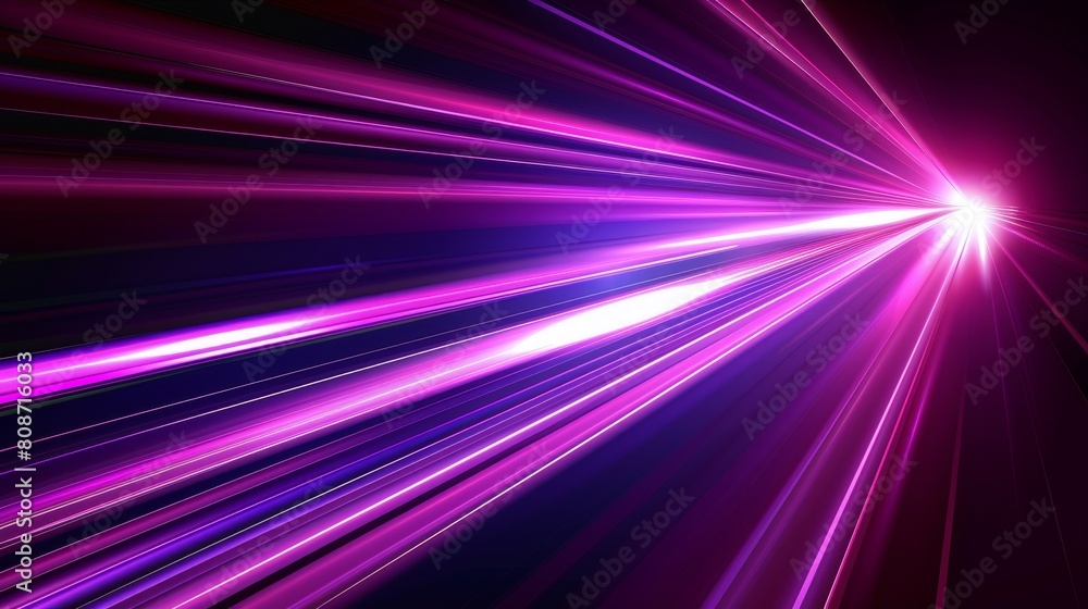 Fast light motion speed effect. Modern illustration with neon pink, purple rays on a black background, a perspective of a space travel route, and an explosion of energy.