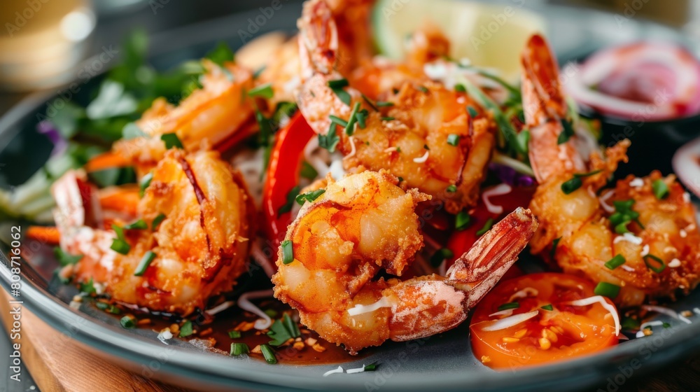 coconut shrimp with sauce and vegetable in plate coconut shrimp with sauce and vegetable in plate