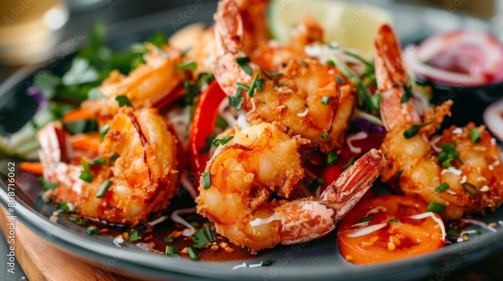 coconut shrimp with sauce and vegetable in plate