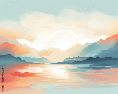 The peaceful lake and mountains in the distance create a beautiful landscape. The sky is ablaze with color, and the sun is setting over the horizon.