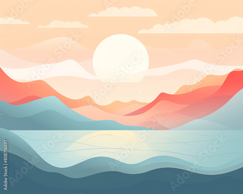 The image shows a beautiful landscape with mountains, lake and sunset. The colors are vibrant and the atmosphere is peaceful.