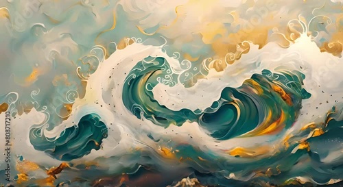 Whimsical ocean waves painting with teal gold swirls for childrens book. Concept Children's Book Illustrations, Ocean Waves, Whimsical Art, Teal Gold Swirls, Painting photo