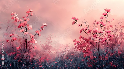 A dreamy scene of faint floral silhouettes gently floating against a soft, whispering pink backdrop, evoking a serene and tranquil mood.