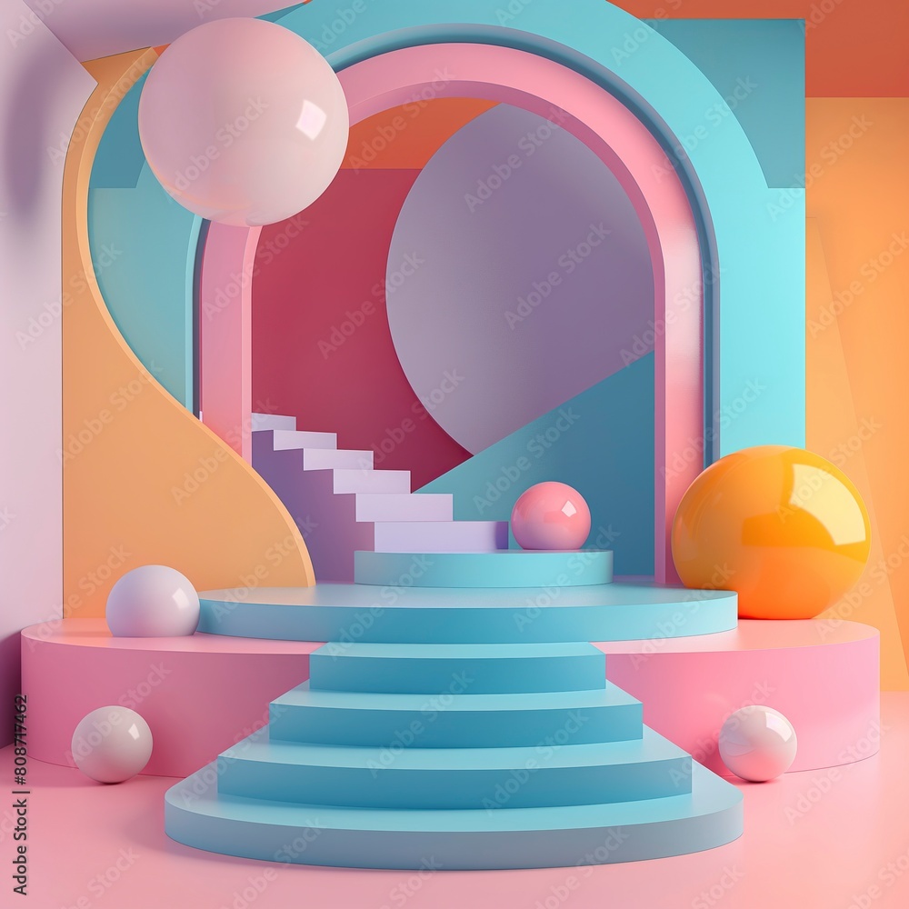 A colorful room with a blue staircase and a pink archway, podium for product A colorful room with a blue staircase and a pink archway, podium for product