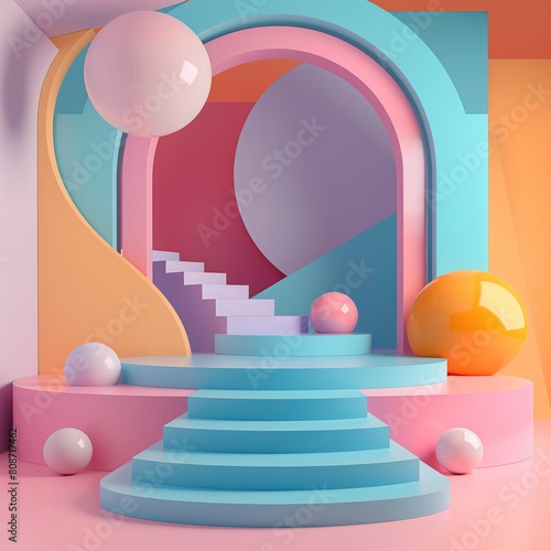 A colorful room with a blue staircase and a pink archway, podium for product