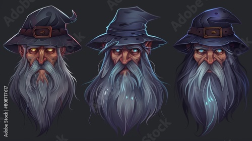 Animated cartoon modern illustration of three ages of a man with beard wearing a wizard's hat. Yulong, adult and elderly warlock front views. Merlin's life cycle. photo