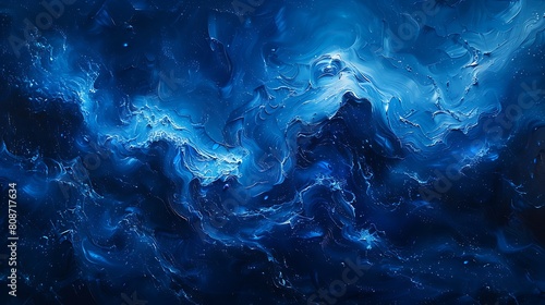 A dynamic abstract painting featuring bright sapphire streaks swirling against a dark blue canvas, capturing the essence of movement and depth in a dreamlike state. photo