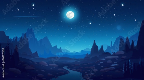 In the night  rocky hills are visible under a starry skies with full moon in the sky as well as a road. Cartoon modern illustration depicting a dark blue dusk scene under the moonlight with a road