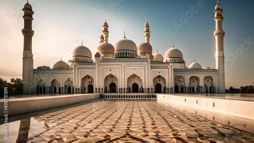 The majestic landscape of the mosque rising above the horizon delights with its beauty and dignity. photo
