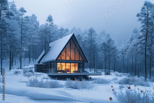 Modern A-frame house cabin in middle of a forest in winter season with house covered in snow © Zoraiz