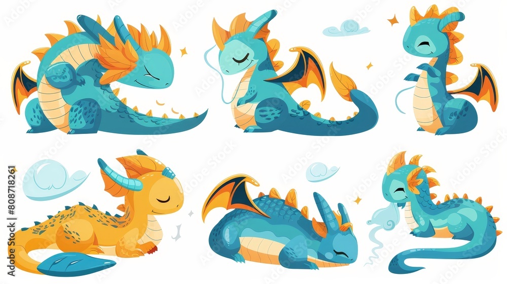 A set of fantasy dragon characters isolated on white background. Yellow and blue monster creature with claws and wings, sleeping and exhaling smoke. A set of fantasy dragon characters isolated on white background. Yellow and blue monster creature with claws and wings, sleeping and exhaling smoke.