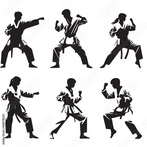Vector set of people doing taekwondo in silhouette style