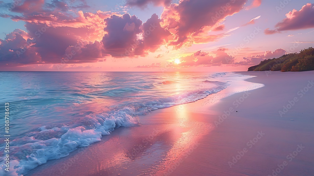 A breathtaking tropical beach scene at sunrise, where the sky is painted in soft apricot hues that reflect off the calm ocean waters, creating a tranquil yet vibrant start to the day. A breathtaking tropical beach scene at sunrise, where the sky is painted in soft apricot hues that reflect off the calm ocean waters, creating a tranquil yet vibrant start to the day.