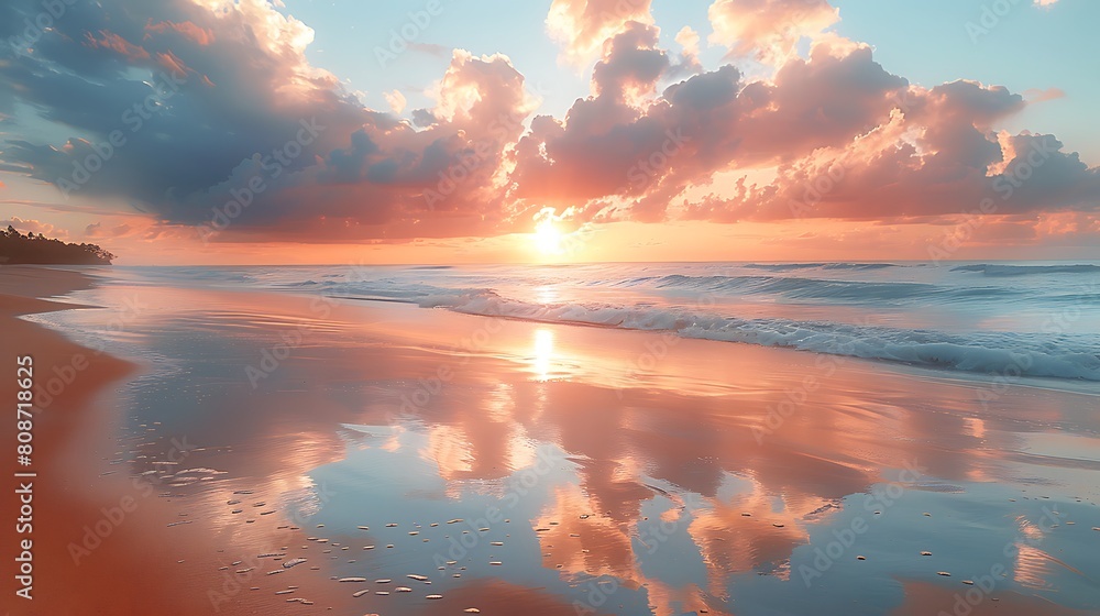 A breathtaking tropical beach scene at sunrise, where the sky is painted in soft apricot hues that reflect off the calm ocean waters, creating a tranquil yet vibrant start to the day.
