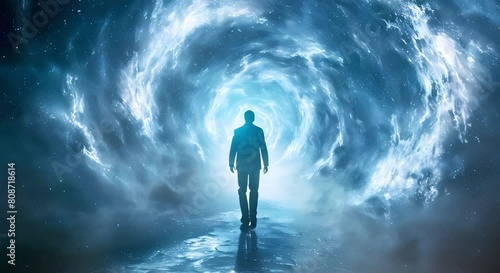 Soul transcends reality through light energy portal exploring afterlife and spirituality. Concept Spirituality, Afterlife, Light Energy, Transcendence, Reality