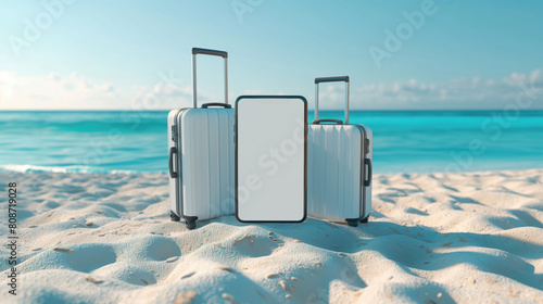 Suitcases with mobile phone mockup with blank screen on the white sand on the tropical beach with blue water of the sea