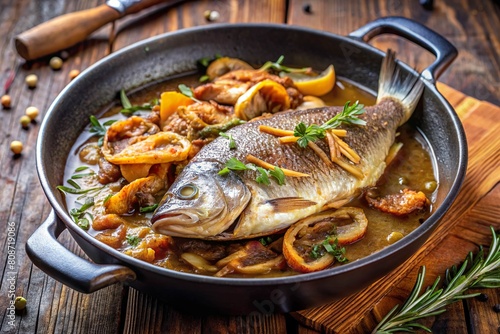 braised fish with vegetable in a pan photo