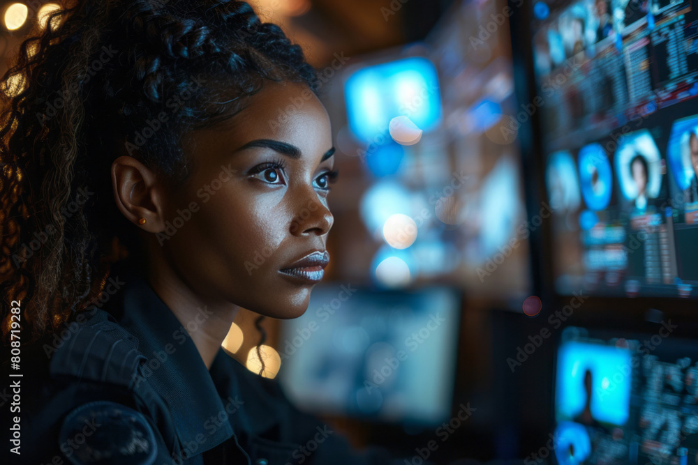 An officer in uniform sits at her desk, working on a computer screen with a serious expression and focused gaze in a dimly lit background. An officer in uniform sits at her desk, working on a computer screen with a serious expression and focused gaze in a dimly lit background.
