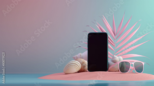 Mobile phone mockup with blank screen on the white sand on the tropical beach with blue water of the sea