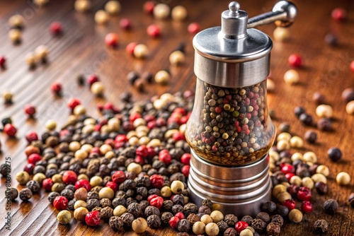 dried peppercorns with a grinder on wooden table photo
