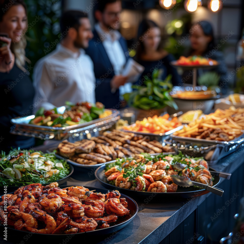 Business people stand around a table at an office party, with plates and platters filled with food.