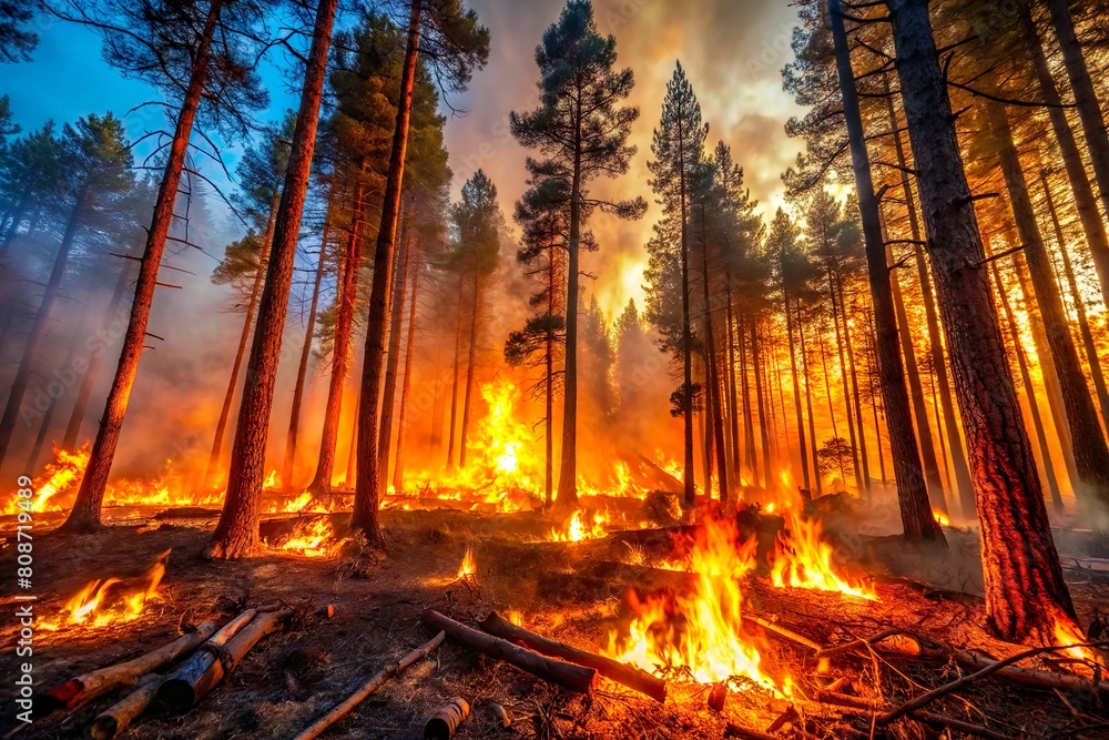 Fototapeta premium forest fire with burning trees and smoke