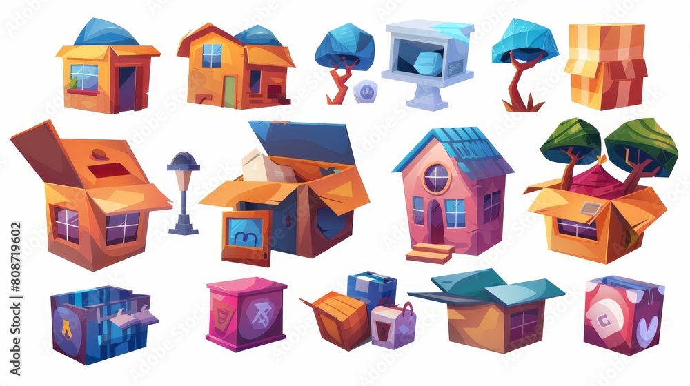 Box with house stuff for move to new home and relocation concept. Cartoon modern set of cardboard boxes stacking with belongings to deliver or store in garage. Piles of carton containers with items. Box with house stuff for move to new home and relocation concept. Cartoon modern set of cardboard boxes stacking with belongings to deliver or store in garage. Piles of carton containers with items.