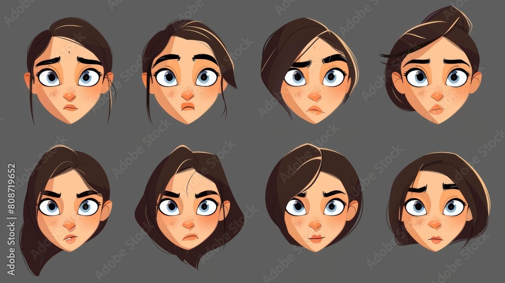 A collection of woman's face design tools including eyes, eyebrows, nose, lips, and haircuts for animation. A cartoon modern illustration set of girl character avatars. A collection of woman's face design tools including eyes, eyebrows, nose, lips, and haircuts for animation. A cartoon modern illustration set of girl character avatars.