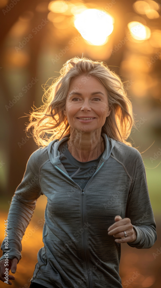 Bathed in the glow of a sunset, a woman in sportswear runs outdoors, her face and hair softly focused as she smiles. Bathed in the glow of a sunset, a woman in sportswear runs outdoors, her face and hair softly focused as she smiles.