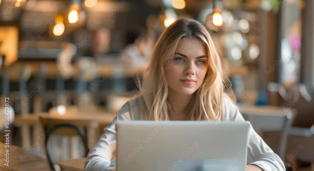 A young woman using a laptop in a cafe looking at the camera. Concept Lifestyle, Technology, Young Adult, Cafe, Portrait A young woman using a laptop in a cafe looking at the camera. Concept Lifestyle, Technology, Young Adult, Cafe, Portrait
