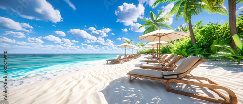 Idyllic Tropical Beach with Sunbeds and Umbrellas, Perfect Paradise for Relaxation and Sunbathing photo