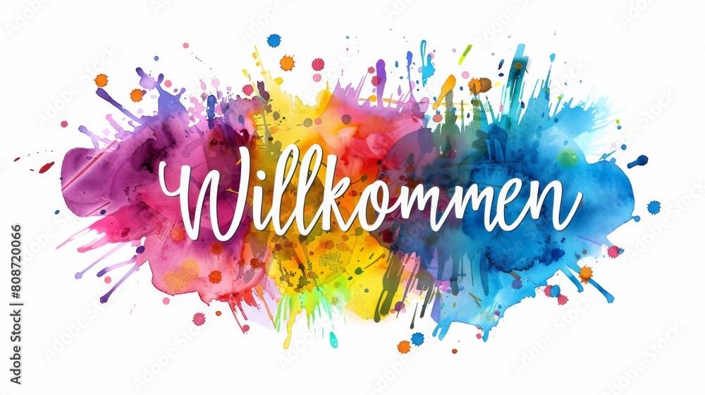Obraz premium Willkommen (Welcome in German language). Modern calligraphy lettering on colorful watercolor paint splashes.