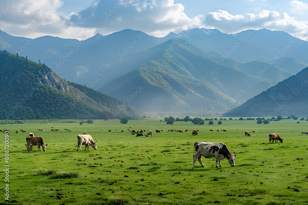  cows grazing in a vast green meadow